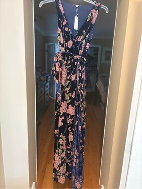 Baltic Born Navy Velvet Floral Wrap Dress with Pink Blossoms